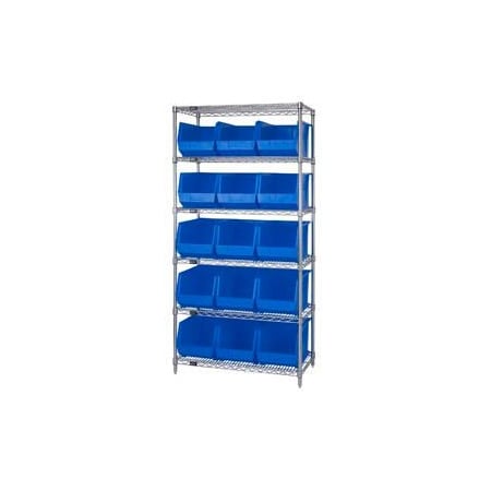 Global Industrial Chrome Wire Shelving With 15 Giant Plastic Stacking Bins Blue, 36x18x74 268931BL